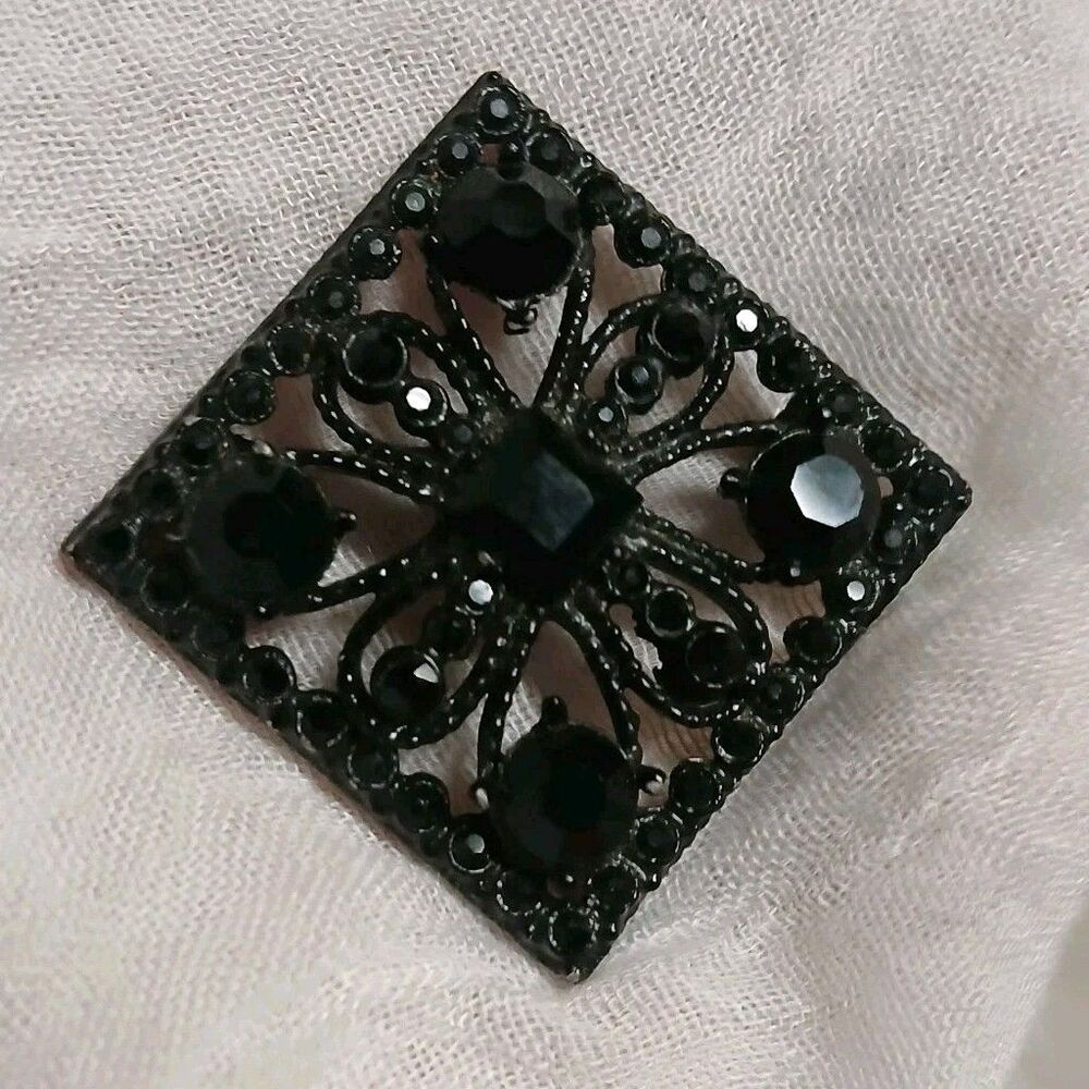 Vintage Black Glass Filigree Brooch Pin Back Victorian Style
